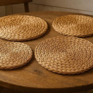 Natural Woven Water Hyacinth Place Mats Round Rustic Farmhouse Dining Table Mats Thick Heat Insulated Pad Set