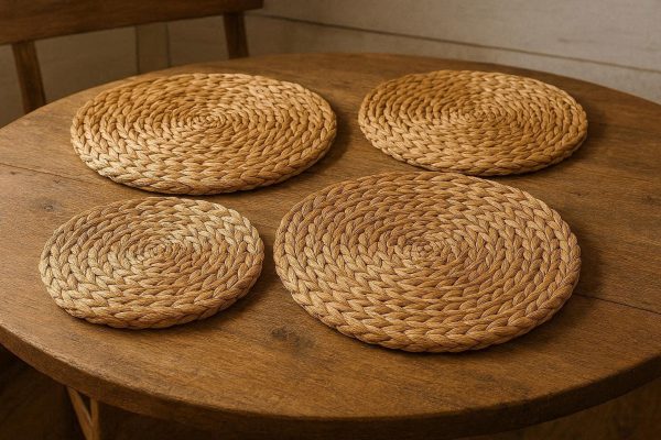 Natural Woven Water Hyacinth Place Mats Round Rustic Farmhouse Dining Table Mats Thick Heat Insulated Pad Set