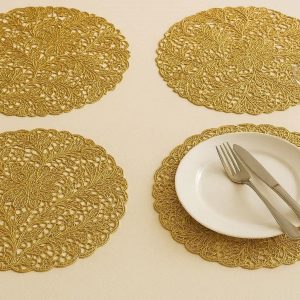 Elegant Golden Pressed PVC Lace Place Mats Metallic Hollow Out Dining Table Mats Luxury Wedding Decoration Coasters