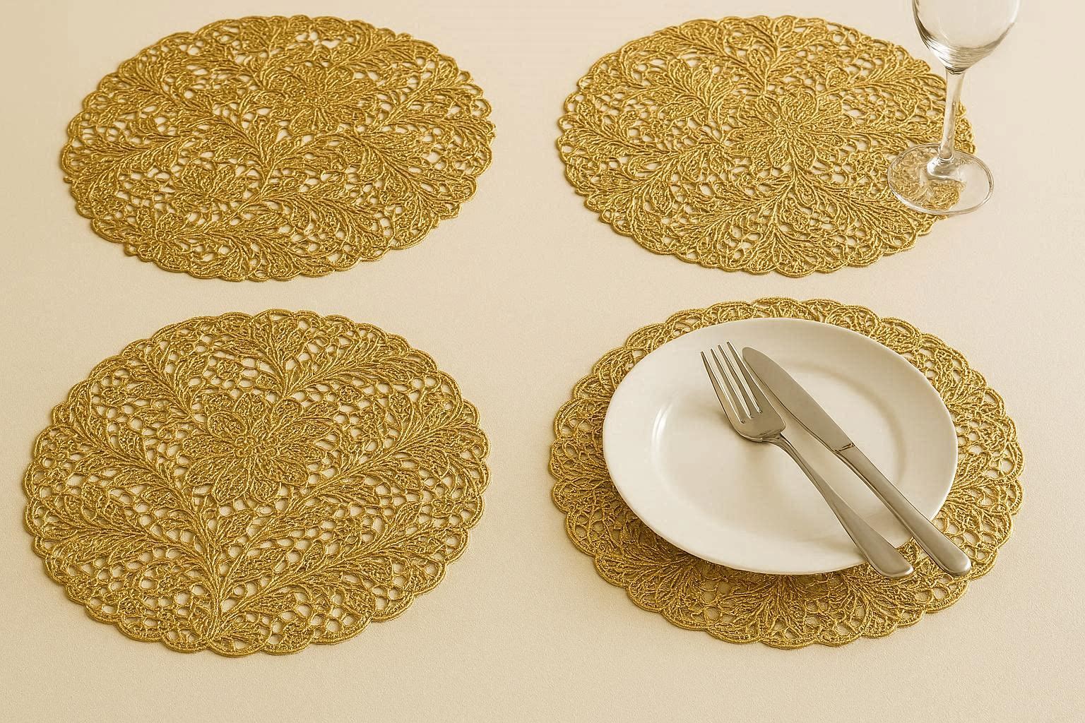 Elegant Golden Pressed PVC Lace Place Mats Metallic Hollow Out Dining Table Mats Luxury Wedding Decoration Coasters - Image 1
