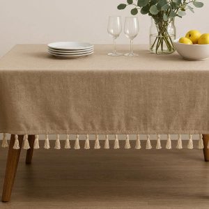 Rustic Cotton Linen Tablecloth Wrinkle Free Solid Color Tasseled Dust Proof Table Cover For Dining Buffet Parties