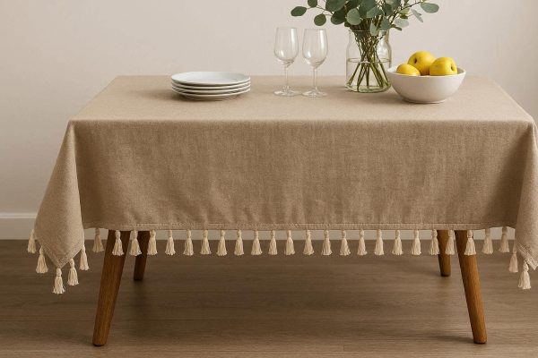 26 Rustic Cotton Linen Tablecloth Wrinkle Free Solid Color Tasseled Dust Proof Table Cover For Dining Buffet Parties
