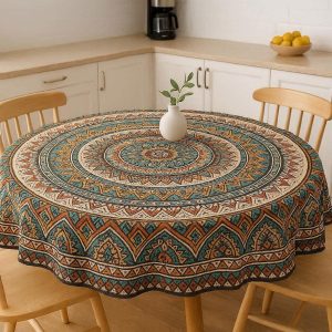 Boho Mandala Round Tablecloth Spillproof Cotton Fabric Geometric Print Table Cover For Kitchen Dinner Patio Gathering