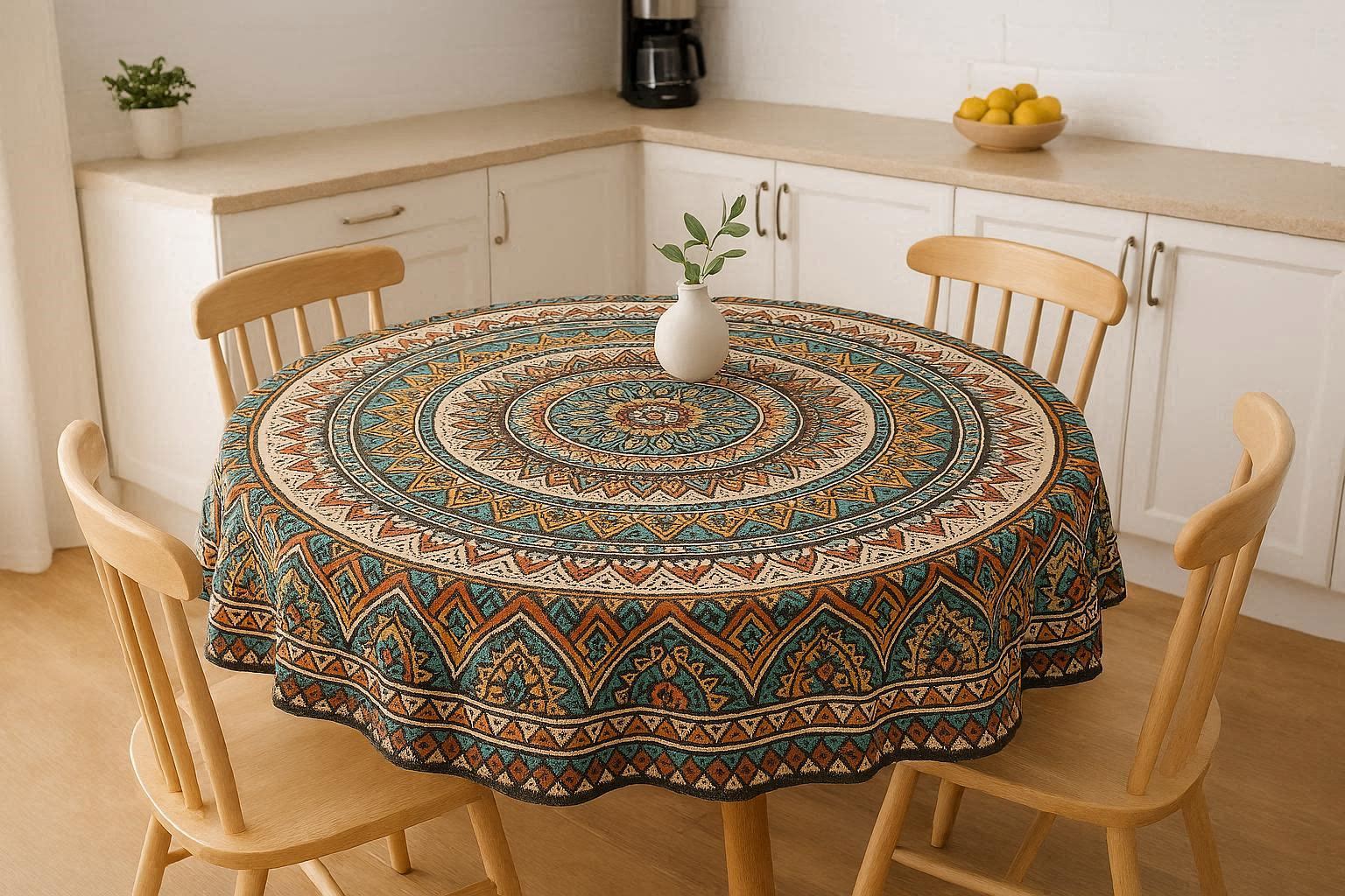 Boho Mandala Round Tablecloth Spillproof Cotton Fabric Geometric Print Table Cover For Kitchen Dinner Patio Gathering - Image 1