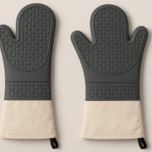 Waterproof Silicone Oven Mitts Heat Resistant Kitchen Cooking Gloves With Long Canvas Cuffs For Home Baking Pair